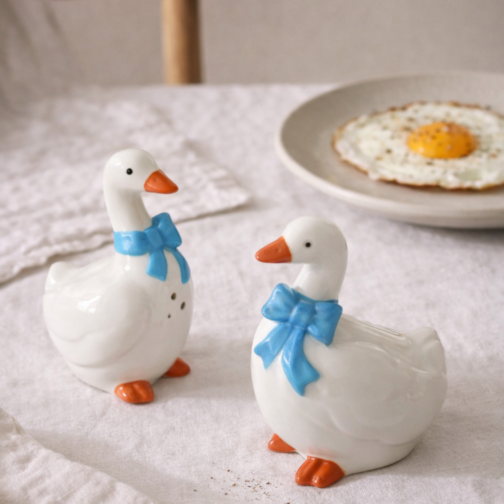 Two ceramic ducks with blue bows on a table with a plate of eggs.
