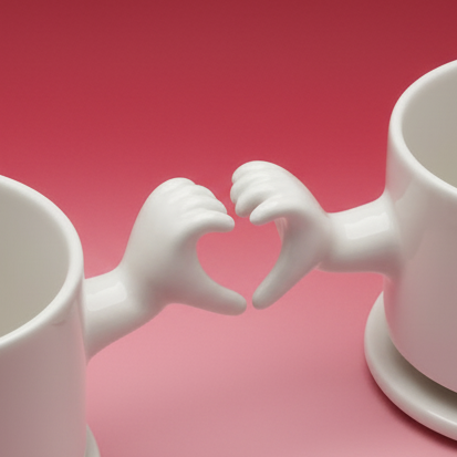 Two handmade porcelain cups forming a small heart detail