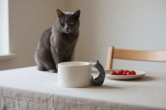 White mug with a cat-shaped handle on a table