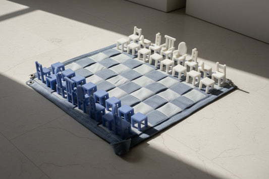 A chessboard with blue and white pieces arranged on it, set against a dark background.