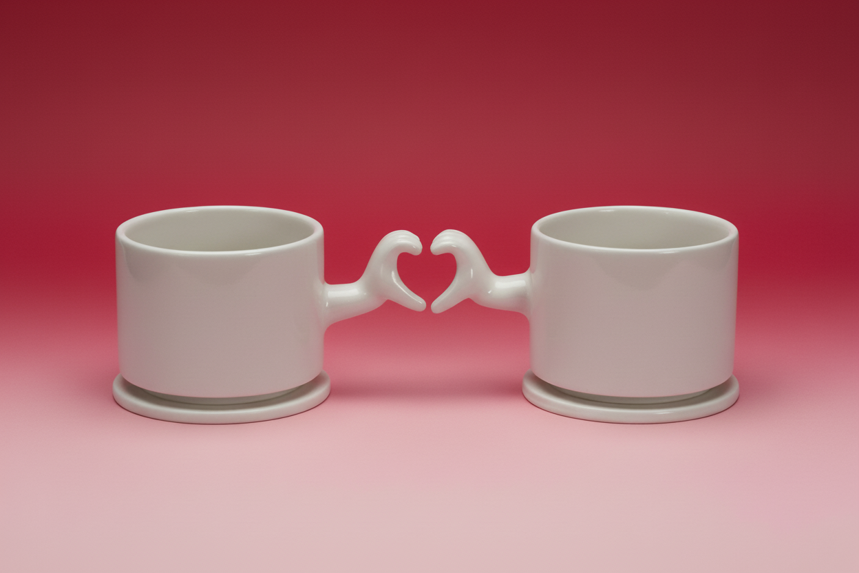 Handmade ceramic mug with heart hand gesture handle
