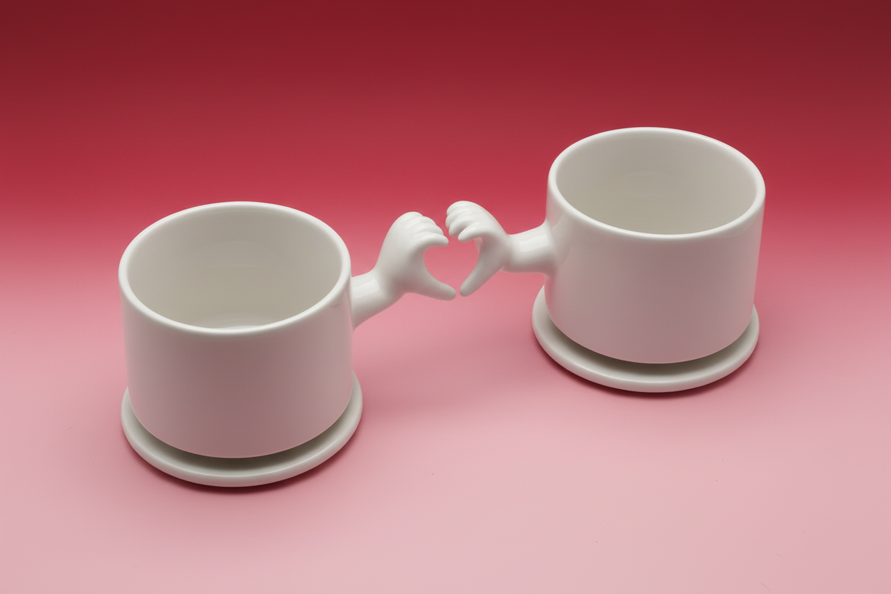 Handmade ceramic mug with heart hand gesture handle, side view