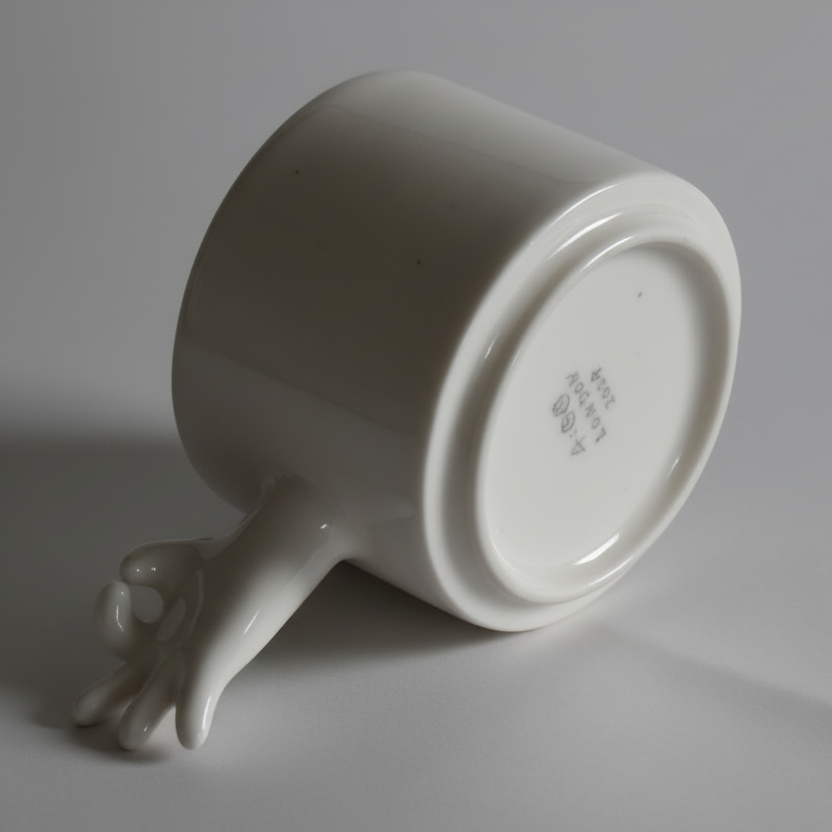 Handmade ceramic mug with OK hand gesture handle, bottom view