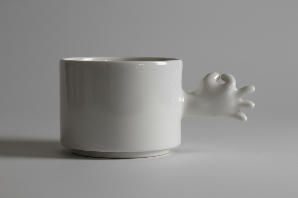 Handmade ceramic mug with OK hand gesture handle ,side photo