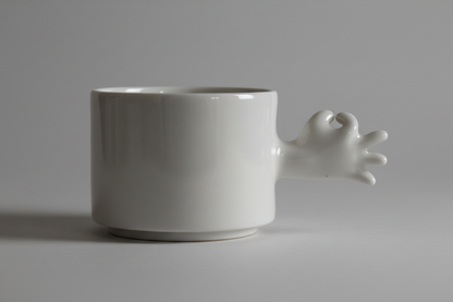 Handmade ceramic mug with OK hand gesture handle ,side photo