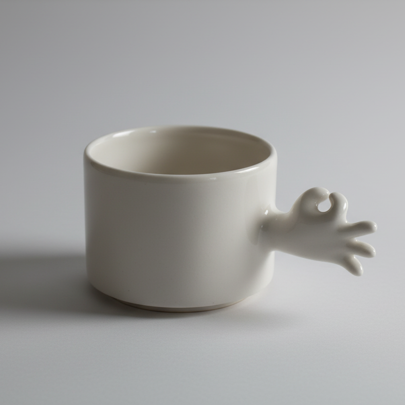 A porcelain coffee cup with a unique handle designed to resemble a hand making a 'okay' gesture, set against a black background.