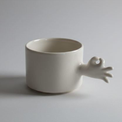 A porcelain coffee cup with a unique handle designed to resemble a hand making a 'okay' gesture, set against a black background.