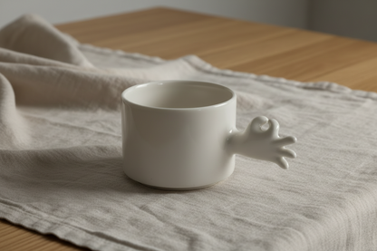 White ceramic cup with arms on a textured surface