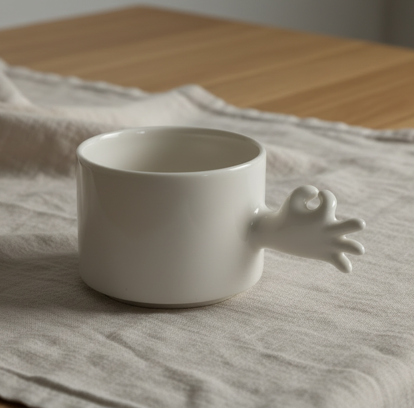 White ceramic mug with a hand-shaped handle on a textured surface