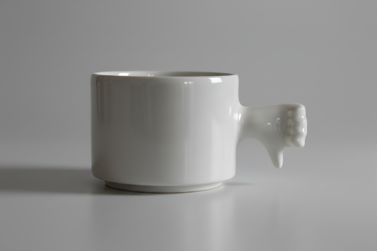 Handmade ceramic mug with thumb down hand gesture handle, bottom view