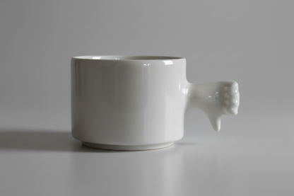 Handmade ceramic mug with thumb down hand gesture handle, bottom view