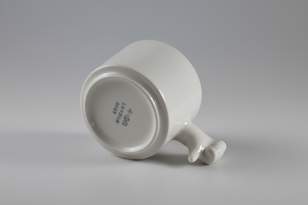 Handmade ceramic mug with thumb down hand gesture handle