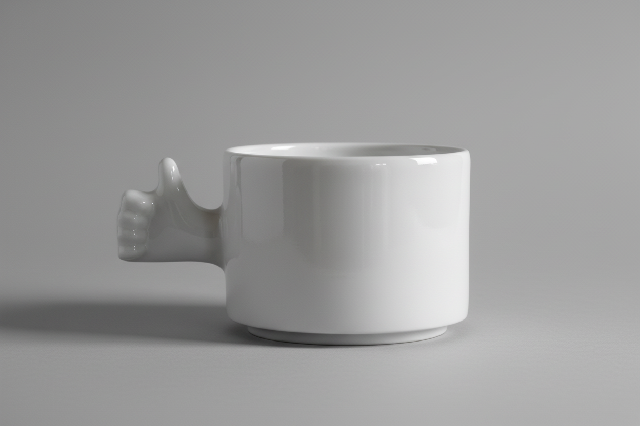 White ceramic mug with a unique handle design on a gray background