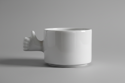 White ceramic mug with a unique handle design on a gray background