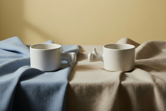 Two porcelain cups, one designed with a thumb up gesture and the other with a thumb down, positioned facing each other on a dark background.