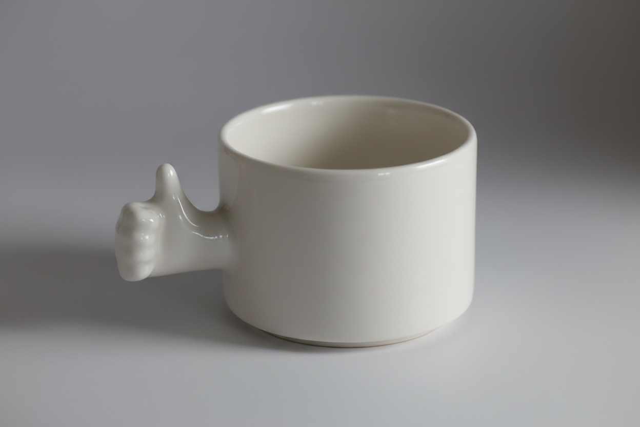 A white porcelain coffee cup with a thumb up gesture as its handle, isolated on a black background.