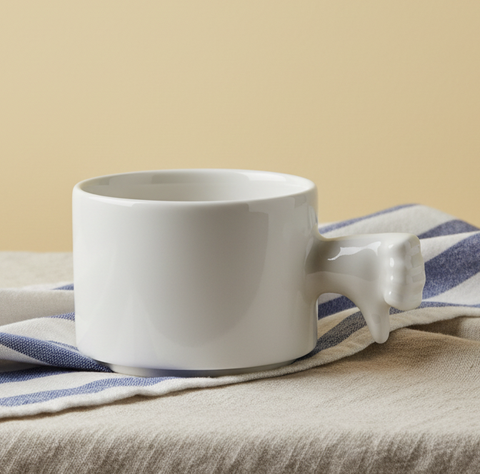 White ceramic mug with a unique handle design on a gray background