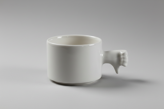 A porcelain coffee cup with a unique handle designed to resemble a thumb down gesture, isolated on a black background.
