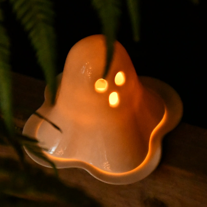 Ghost Tealight Holder handmade porcelain candle holder glowing in the dark