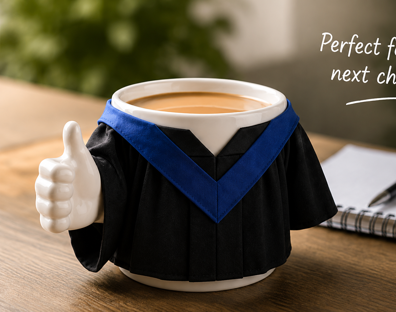 Close-up of blue V-shaped hood on removable black graduation gown for ceramic mug