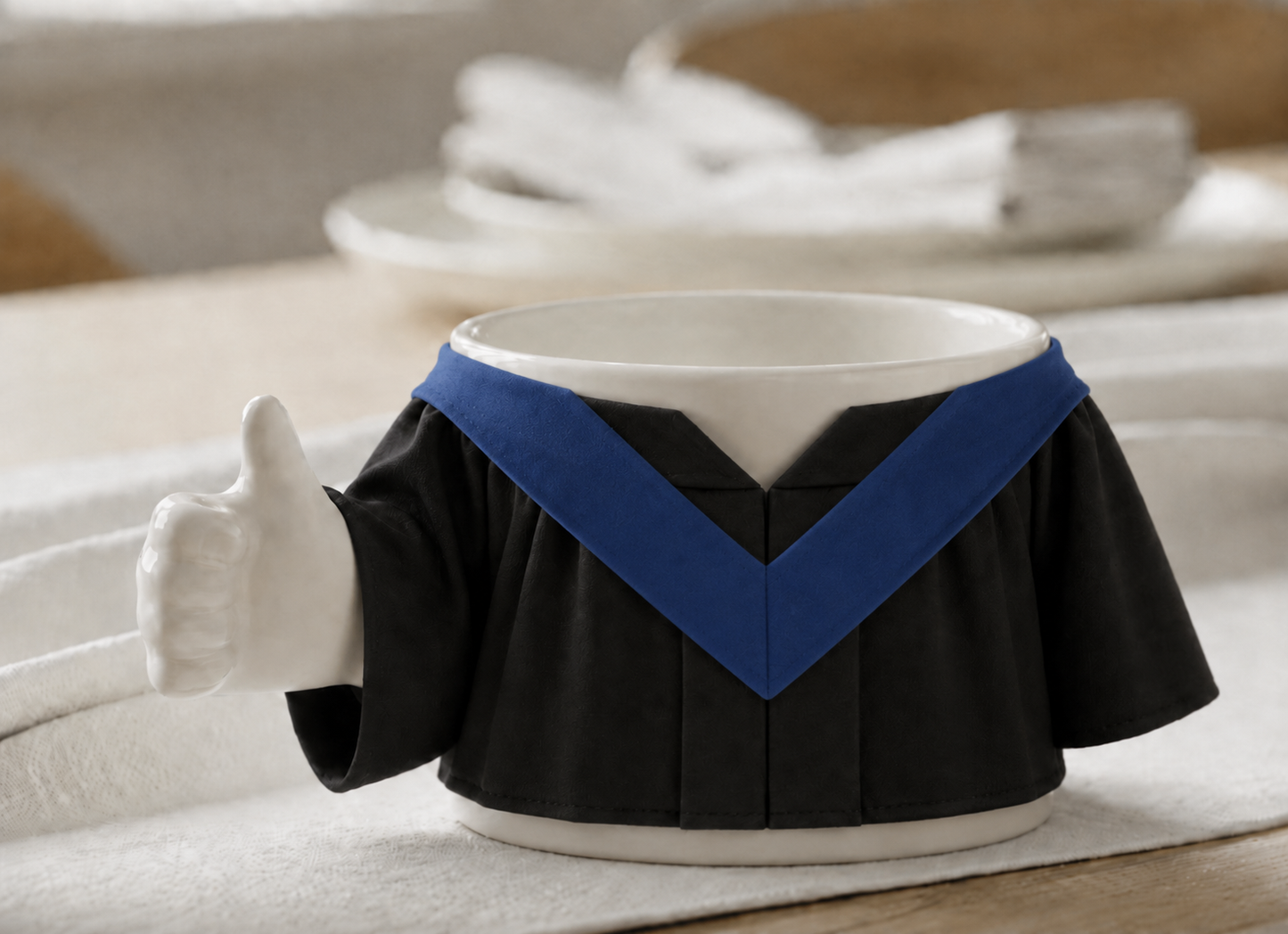 Close-up of blue V-shaped hood on removable black graduation gown for ceramic mug