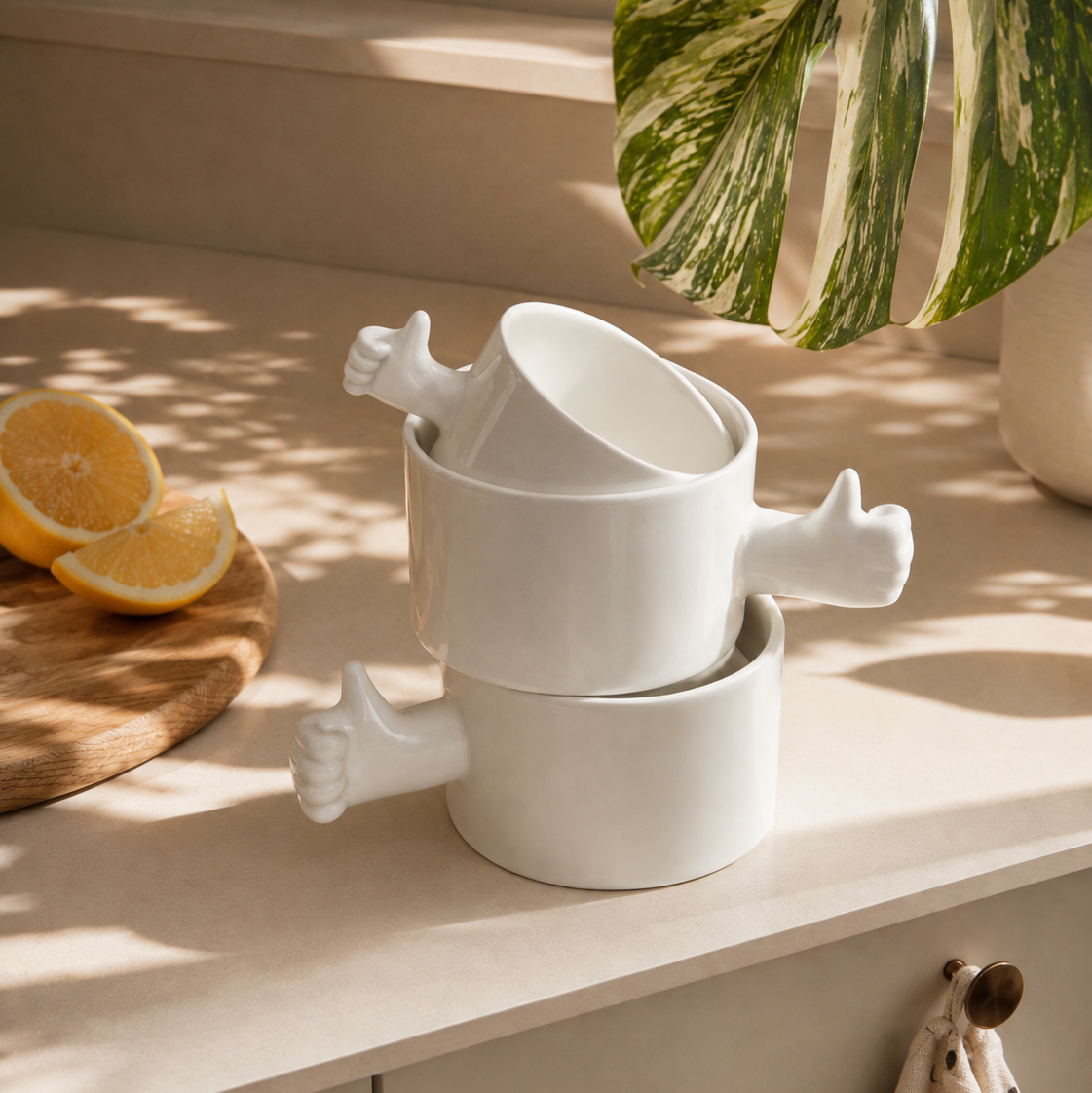 A stack of three white ceramic cups with sculpted arms and thumbs, styled on a beige countertop with lemon slices, a plant leaf, and a towel in a sunlit kitchen setting.