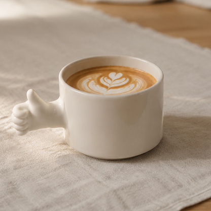 A white ceramic coffee mug with a sculpted hand holding the handle, filled with latte art, resting on a textured white cloth over a wooden table.