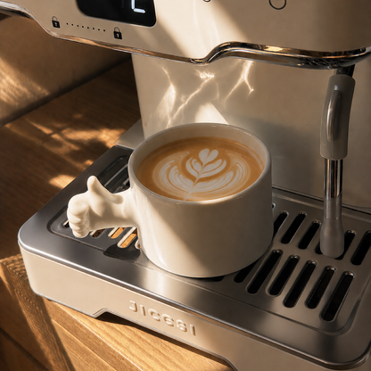 A close-up of a beige espresso machine dispensing coffee into a white ceramic cup with a latte art design, placed on a stainless steel drip tray. The cup has a sculpted handle shaped like a thumbs-up, and the scene is lit by warm natural sunlight with shadows on a wooden surface.